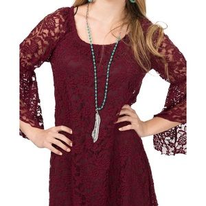 Maroon Lace Bell Sleeve Dress